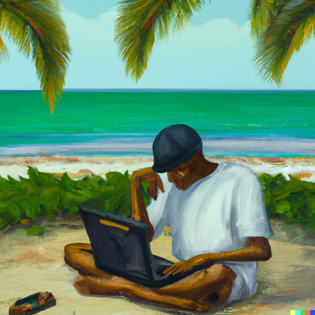CGI Image of person working on a laptop on a beach.